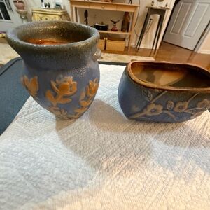 Blue and Tan Floral Ceramic Vase Set